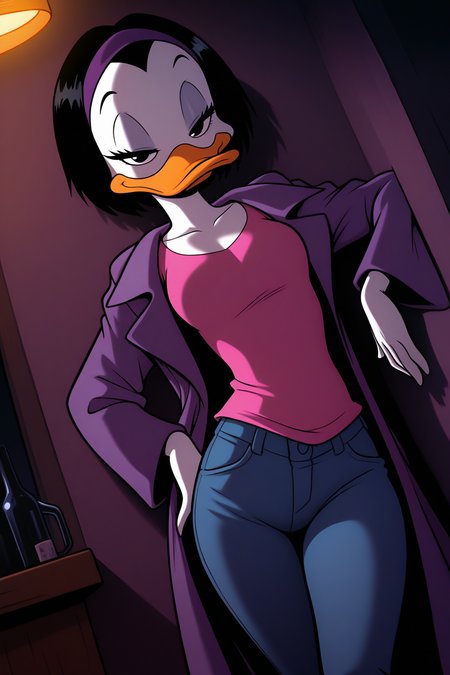 masterpiece, best quality, amazing quality, absurdres, solo, kay-k, smile, duck girl, dutch angle, standing, looking at viewer, half-closed eyes, leaning back, against wall, short black hair, purple hairband, white skin, purple coat, pink shirt, blue jeans, indoors, dark lighting, bar, night club