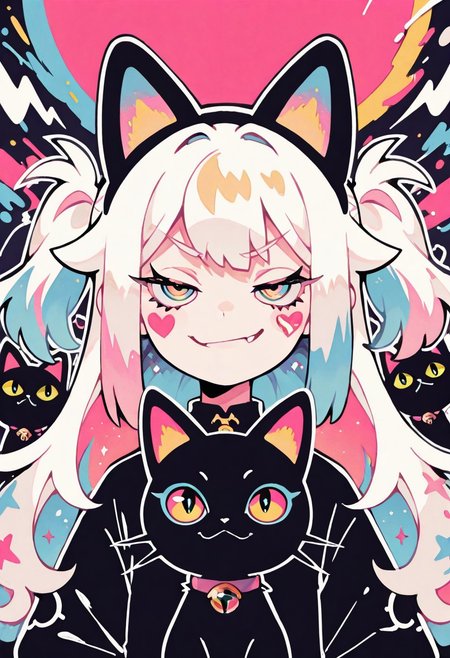 1girl, multicolored hair, fake black cat ears, eyelashes, blending, smirk, outline, white outline, (upper body :1.3), multicolored background, shadow, blending, cel shading, 
masterpiece, best quality ,amazing quality, S4bit4mago_illu , Protoneon  ,s0wasow4rt_illu,