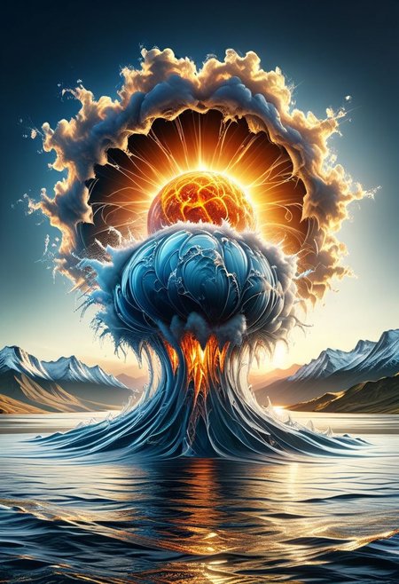 UHD, masterpiece, high quality, extremely details, intricate details, sharp focus, realistic, OverallDetailXL, sss
a nuclear explosion made of ((water)) ,((ais-wvs)),  lake surrounded by mountains,sun sunlight, sunray ,sunset