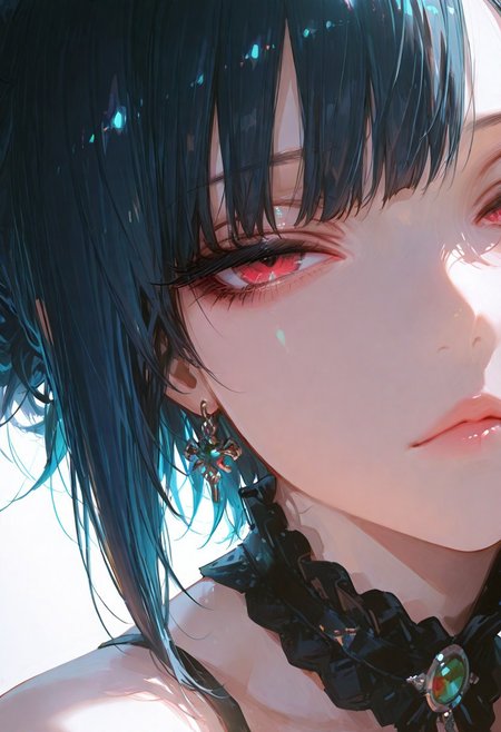 masterpiece, best quality, good quality, newest, highres, absurdres, volumetric lighting,gradient color,
BREAK 
raytracing, volumetric lighting, ambient occlusion, girl, luminescent background, masterpiece, best quality, very awa, absurdres, 
BREAK
solo, model style, spiky hair, messy hair, lips, narrowed eyes, asymmetrical bangs, 
BREAK
masterpiece,amazing quality,best quality,ultra-detailed,8K,illustration,CG,shiny hair,clear skin,ultra-detailed-eyes,simple background, beautiful girl, eyelashes
BREAK,
 perfect composition, solo, 1girl, red eyes, short hair, dark blue hair, eye focus, eye reflection, eyelashes, blank stare, looking at viewer,
