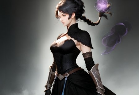 fantasy class, sorcerer, half elf, 22 year old woman, (magic the gathering artwork, by Magali Villeneuve:1.5), pointed ears, (braided hair, long hair, black hair), blue eyes, serious, slight smile, pale skin, elegant dress, black dress, dark purple corset, covered shoulders, bare arms, elbow gloves, lace gloves, black gloves, tall boots, full body visible, shrug clothing, adventuring outfit, pants, belt around hips, vambraces with metal studs