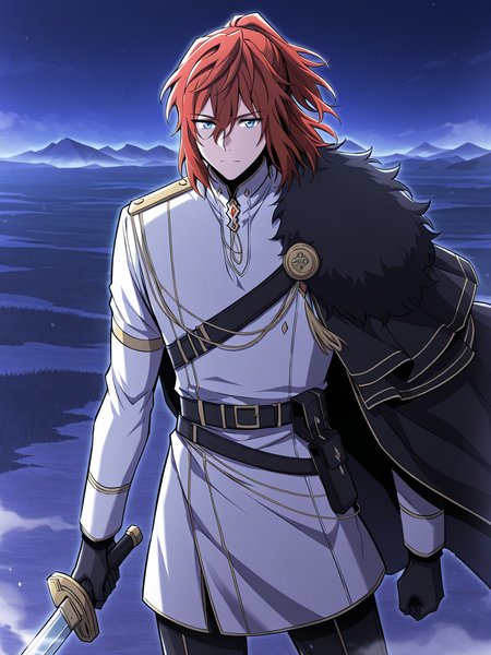 <lora:Arthur_Lewin__The_Beginning_After_the_End__Illustrious:1>
Arthur, 1 boy, solo, red hair, blue eyes, white coat, black cape, sword
score_9, score_8_up, score_7_up, very aesthetic, source_anime, detailed, high quality, beautiful, masterpiece, detailed eyes, holding, holding a sword, looking at viewer, cowboy shot, legs apart, outdoors, night, purple theme, fog, snowy field