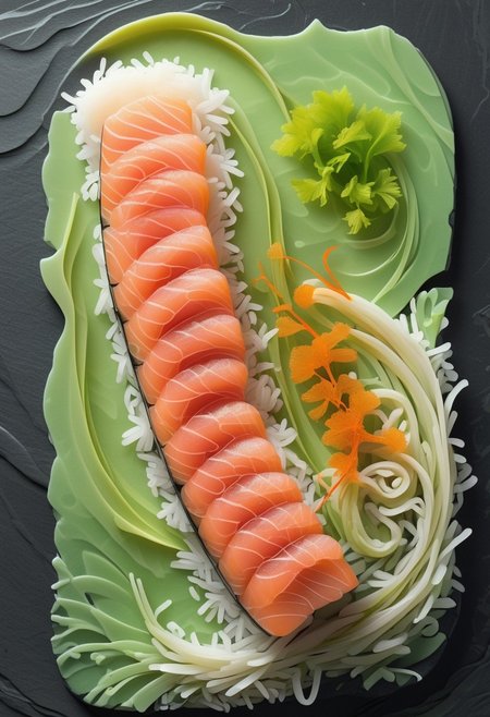 Abstract Nigiri Sushi Composition, Vivid Salmon Pink Layered on Pure White Rice, Glossy Soy Glaze Dripping Along the Edges, Surrounded by Soft Green Wasabi Swirls and Translucent Ginger Petals, Set Against a Textured Slate Background, Evoking Freshness and Precision in Japanese Cuisine