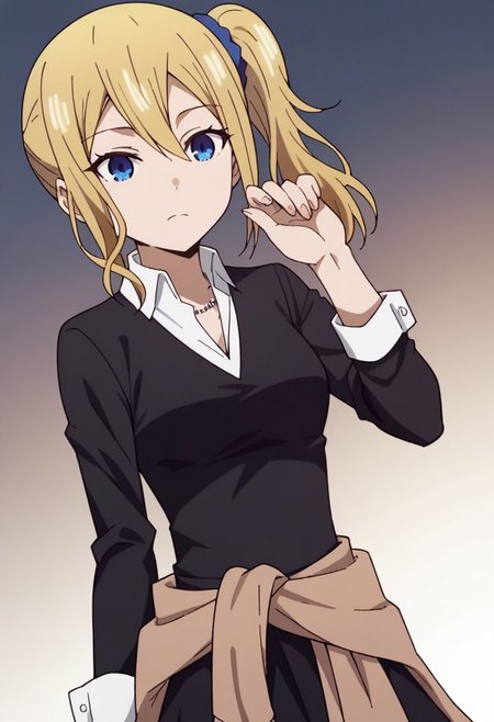score_9, score_7_up, score_6_up, score_5_up, source_anime, rating_safe, (anime screencap:0.3), solo focus, dutch angle, 1girl, Hayasaka_Ai, blue eyes, blonde hair, side ponytail, medium breasts, hair scrunchie, shuuchiin academy school uniform, necklace, cardigan, clothes_around waist, long sleeves, black dress, collared shirt, hand up, pose,