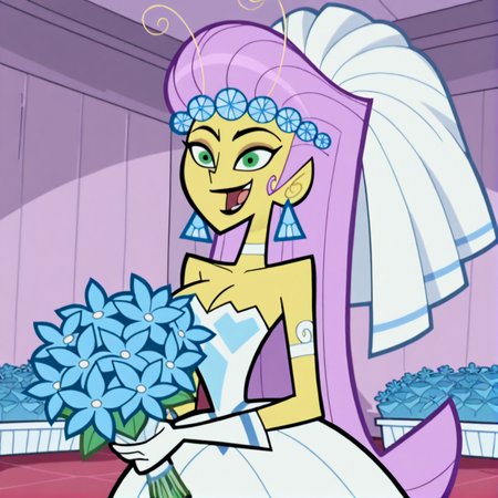 princess mandie, 1girl, solo, breasts, smile, open mouth, gloves, dress, cleavage, jewelry, purple hair, flower, earrings, white gloves, makeup, veil, bouquet, wedding dress, bridal veil, pink hair, long hair, black lips, green eyes, pointy ears, yellow skin, indoors, (masterpiece), (best quality), (ultra-detailed), amazing quality, very aesthetic, illustration, perfect composition, intricate details, absurdres, incredibly absurdres,<lora:princessmandie_illustrious:1>