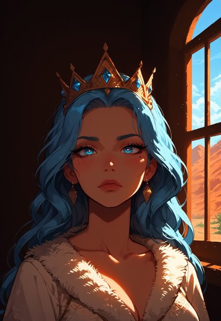 A detailed Gothic tower made of transparent ice with blue shades stands tall. At its base, there are orange desert sands. The sky above is beautiful with fluffy clouds. Ice crystals decorate the tower.
BREAK
1girl, solo, most beautiful 23 yo girl.
At the top, the Snow Queen looks out of a window. Her blue eyes, without pupils, express sadness. She has white skin and wears luxurious medieval winter clothing. Her light blue hair is straight and fluffy like snow, and she wears an ice crown on her head.
(ice interior)
 (8k uhd:1,4)
 <lora:add-detail-xl:1>
 <lora:Dynamic Poses:1>