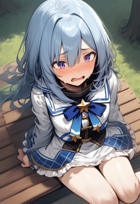 masterpiece, best quality, shinny skin, skindentation, amane_kanata_(1st_costume), hololive, 1girl, blue_hair, purple_eyes
BREAK, 
embarrassed, blushing, crying, looking away, from above, diaper_changing on bench
BREAK,
, pee stain, no shoes
BREAK, 
park, grass, tree, bench, path, 
BREAK,
daytime,
