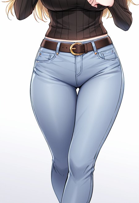 Smooth Quality,masterpiece,very intricate, high quality details, ultra realistic, high detailed skin,detailed enviorement,absurdres,
simple background, white background, dancing,skindentation, solo,dutch angle,pointing at self,
 <lora:Laura_Zeppelin_CNR:0.8> laura_cnr, 1girl, blonde hair, long hair, blue eyes, mole under eye, large breasts,laura_def_cnr, black sweater, ribbed sweater,  turtleneck, jeans, denim, belt, high heels,, aroused,, ;),