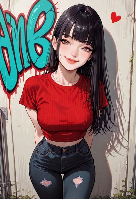 masterpiece, best quality, 32k, high resolution, absurdres, 1girl, Asian, long black hair, straight hair, blunt bangs, almond eyes, Asian eyes, medium breasts, large hips, slender, natural lips, beautiful lips, detailed eyes, cowboy shot, posing, beautiful, ((red) cropped t-shirt), low waist denim pants, heart shaped chocker, posing cute, beautiful smile, back on a wall, graffiti, aesthetic, front view, bent over, hands behind back, cute hand gesture