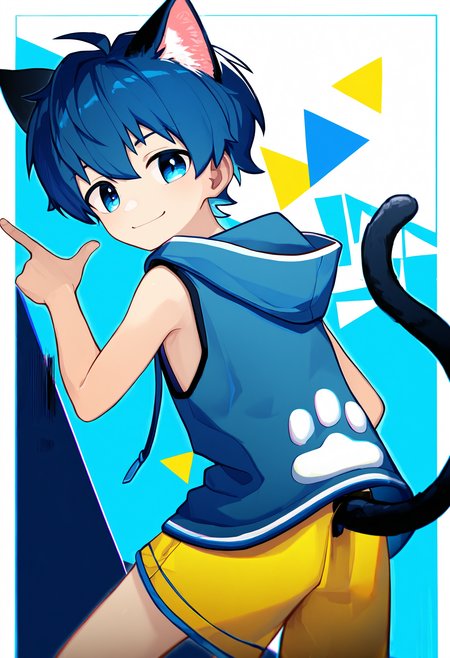 masterpiece, best quality, good quality, koemixpi-style, blue background, geometric shapes, white border, dutch angle, from behind, 1boy, solo, blue hair, blue eyes, cat ears, cat tail, black and blue sleeveless hoodie, yellow shorts, looking back at viewer, pointing, smile, depth of field, chromatic aberration <lora:koe-mixpi_naiXL_v3b_ShoAI:1>