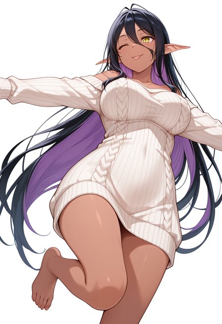 masterpiece,high quality details, absurdres,
 <lora:Mariabell:0.8>
mariabell_cnr, black hair, purple hair,olored inner hair, very long hair,  hair between eyes,dark elf, slit pupils, large breasts,antenna hair, 
mariabell_s1, 1girl, collarbone, bare shoulders, barefoot,ribbed sweater,sweater dress,, simple background, white background, from below,solo,, ;p,, arms spread wide,one leg extended forward,playful smile,, panicking,smirk,