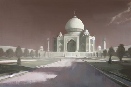 a painting of a large white building with a dome and pillars on the side of it and a walkway leading to a park