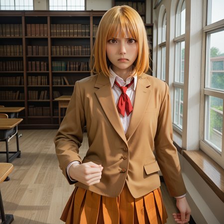 cinematic film still,score_9,score_8_up,score_7_up,masterpiece,best quality,8k,
<lora:Midorikawa_Hana:0.8> , midorikawa hana, solo, brown eyes, blonde hair, orange hair, school uniform, brown blazer, collared shirt, orange skirt, angry, 
 <lora:0859 library_v1_pony:1> , ruanyi0859,library, window,