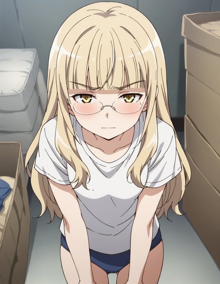 score_9, score_8_up, score_7_up, source_anime, rating_explicit, best quality,
masterpiece, absurdres, anime screencap, (official art:1.1), 
1girl, solo, <lora:perrine.pony:1> perrine, 
blonde hair, long hair, blunt bangs, yellow eyes, rimless eyewear, small breasts, 
blue buruma, white shirt, t-shirt, 
standing, leaning forward, v arms, clothes grab, 
embarrassed, half-closed eyes,
indoors, gym storeroom, 
looking at viewer, cowboy shot,  from above, looking up,