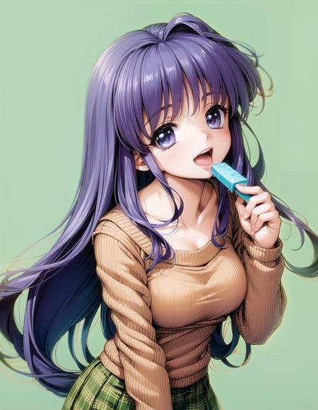 masterpiece, 1girl, pov smile, heart, looking up, looking at viewer, ice cream, holding a big popsicle, implied fellatio, open mouth, summer, abstract background, simple background, ribbed sweater, plaid skirt, purple hair, very long hair,
