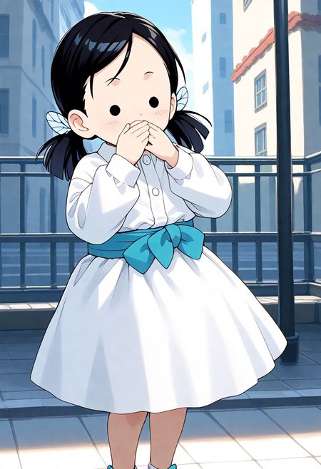 <lora:Hyper-SDXL-8steps-lora:1><lora:Fixhands_anime_bdsqlsz_V1:1> zPDXL2, score_9, score_8_up, score_7_up, source_anime, intricate details, perfect anatomy BREAK
1girl, solo, chibi, (ds-nakaharasumi, blue hair ribbon, blue butterfly hair ornament, low twintails:1.3), black hair, black eyes, collared shirt, white dress, blue obi, white skirt, white socks, blue sandal,
pantyshot, covering mouth, Happy,  wide smile with raised cheeks and crow's feet around the eyes.,
outdoors, city, tokyo, japan,
<lora:ds-butterfly_mansion_girls_XL(pony)v10:1>