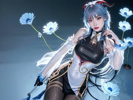 ganyu \(genshin impact\),shiny skin,DOF,grass,wet body,large breasts,1girl, solo, bare shoulders, black gloves, black pantyhose, (blue hair:1.2), chinese knot, detached sleeves, flower knot, horns, long hair, neck bell, purple eyes, sidelocks, tassel, white sleeves, full body, floating hair,sexy, looking at viewer, <lora:ganyuGenshinImpact_offset:0.8>,  <lora:koreanDollLikeness_v10:0.5>, quality, high quality, highres, ultra detailed(realistic:1.3), (photorealistic:1.3), detailed face, detailed skin,photon mapping, radiosity, physically-based rendering