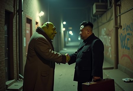 Photorealistic grainy security cam footage still captures a shady deal between Shrek and Kim Jong Un in a dark, narrow back alley at night. Shrek, in a trench coat, shakes hands with Kim Jong Un, who holds a mysterious briefcase. Both glance around suspiciously. The alley is dimly lit by streetlights, with trash scattered and graffiti on the walls. Security camera labels, including a timestamp and date, are visible at the top of the image, enhancing the secretive atmosphere. 4K, photorealistic, masterpiece quality, with a humorous and absurd twist