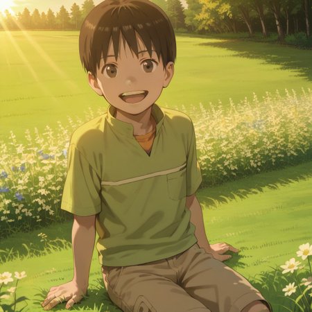 score_9, score_8, score_7, break, yuuki_o, 1boy, black hair, short hair, brown eyes, shirt, shorts, sitting, grass, sunlight, flowers, open smile, looking at viewer, natural lighting