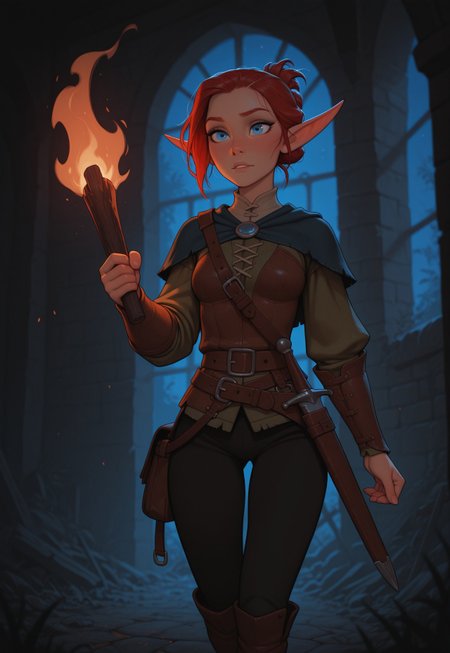 masterpiece, best quality, amazing quality, very aesthetic, DISNEY_ANIMATION, incoth, (incase:0.6), female, solo, (depth of field), medieval setting, indoors, ruins, night time, face focus,

elf, red hair, blue eyes, cute face, slender, small breasts, updo hair, short elf ears, short ears,

leather armor, dagger in scabbard, satchel, black pants, leather boots, holding torch,

adventurer exploring ruins,