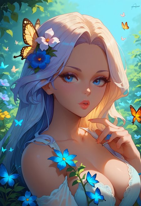 score_9, score_8_up, score_7_up, 1girl, original, bug, butterfly, flower, glowing, lips