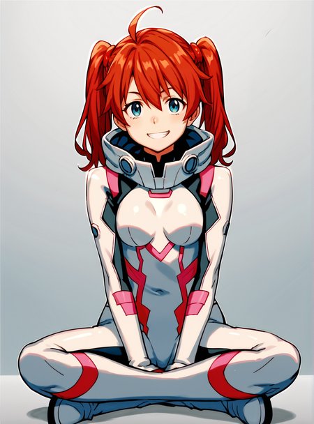 score_9, score_8_up, score_7_up, score_6_up, score_5_up, score_4_up,  source_anime , anime screencap  <lora:miku_darling:0.8>1girl, twintails, solo, mikusuit, ahoge, , blue eyes, smile, red hair plugsuit,  hood down, sitting, v, boots