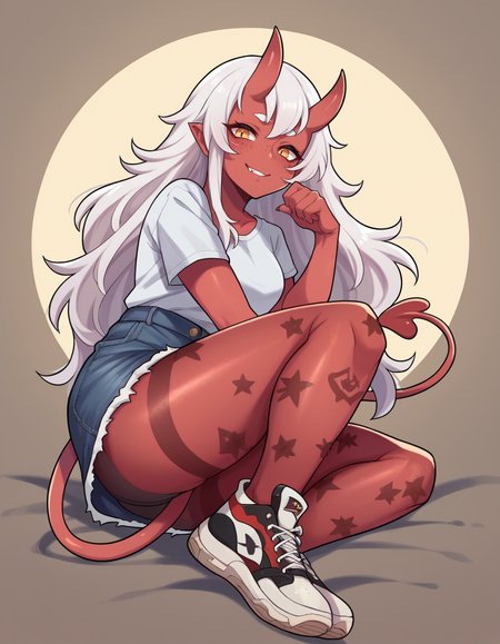 zPDXL, score_9, score_8_up, score_7_up, score_6_up, score_5_up, score_4_up, 1girl, solo,
<lora:bagelbomb:0.8> bglbmb, red skin, demon girl, oni horns, demon tail, white hair, freckles, long hair, graphic tee, denim skirt, high-top sneakers, patterned pantyhose,