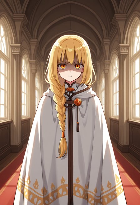 1girl, solo, saruvatorenoren, blonde hair, low-tied long hair, single braid, orange eyes, white cloak, print cloak, closed cloak, indoors, mansion, cowboy shot, shaded face, serious, straight on, looking at viewer,