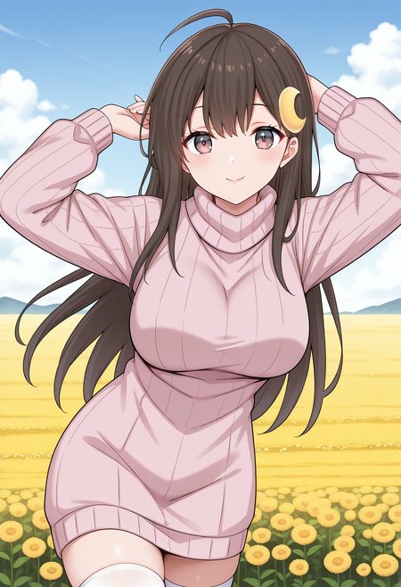 1girl, solo, (field:1.2), (blue sky:1.2), looking at viewer, 
fujino_mitsuki, brown eyes, brown hair, long hair, ahoge, crescent hair ornament, sweater dress, ribbed sweater, long sleeves, turtleneck, white thighhighs, zettai ryouiki, <lora:fujino_mitsuki_illustrious_ver1:0.8>
smile,, masterpiece, best quality, general,, (cowboy shot, dynamic pose:1.4),
