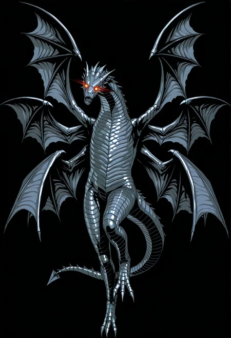 black background, simple background, no humans, monster, eyeball, angel wings, bat wings, multiple wings, dragon tail, glowing eyes  <lora:wizardryburiedbones:1>, 3d, shiny skin