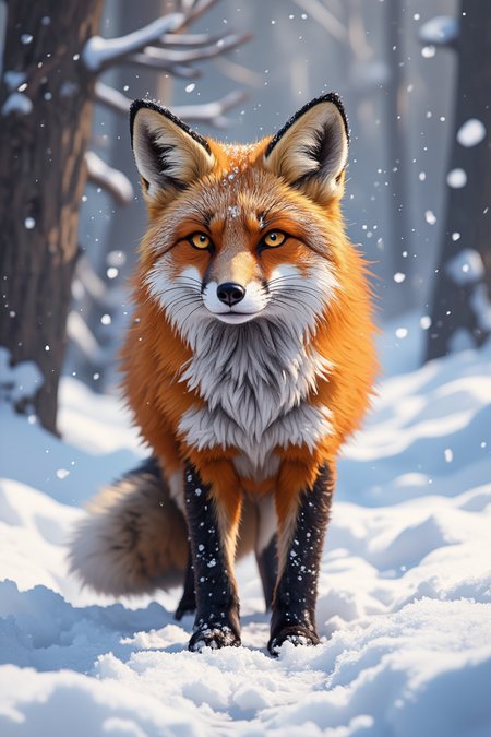 “A stunning wildlife photograph of a red fox standing alert in a serene, snow-covered forest as gentle snowfall drifts through the air. Its vibrant orange fur contrasts beautifully against the white landscape, with delicate snowflakes resting on its whiskers and ears. The fox’s piercing amber eyes gaze directly into the camera, exuding curiosity and intelligence. Its ears are perked, and its tail rests gently behind it, as if sensing something in the distance. Soft morning light filters through the bare trees, casting long shadows on the powdery snow. The background is slightly blurred, enhancing the sharp details of the fox’s thick fur and delicate paw prints in the fresh snow. The falling snowflakes add a magical, peaceful atmosphere to this breathtaking winter wildlife scene.”