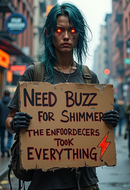 A closeup of jinx from arcane holding an old  cardboard sign jinx is wearing an old tattered t-shirt. Jinx is standing on a street corner in a cyberpunk distopian new york. Jinx is sad and smoldering.  The sign is dark brown, damp, torn at the edges, and made of old cardboard.  There is a scribbled marker drawing of a transparent orange lightning bolt on the sign. The sign states "Need BUZZ for Shimmer the enforcers took everything!" written in black faded marker.  The capitalized words are black outlined with red faded marker. The words on the sign are transparent and handwritten and scribbley