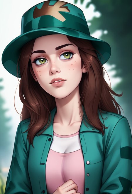 score_9, score_8_up, score_7_up, score_6_up, PRSNL_3_1, uncensored, pupils black dots, lips,
upper body, best quality, masterpiece, 4k, realistic, warm light,
LeafPony, leaf (pokemon), long hair, brown hair, brown eyes,
green headwear, camouflage headwear, long sleeves, jacket, green jacket, open clothes, sleeves past wrists, pink dress, bike shorts, shoes, black footwear,