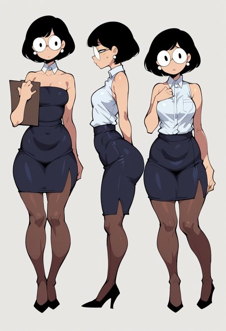 score_9, score_8, score_7, score_6, Dop Style,highly detailed, 
wide hips,  bottom-heavy, hip dips, medium natural breasts, 20 yo female, lithe, skinny
1female, 1girl, black hair, short bob hairstyle, Japanese, dark eyes, large round glasses,
shy, nervous, reserved,cute,
office lady, mature office lady, office attire, white office shirt, shortsleeve polo, (bare shoulders, detached collar), pearl earrings, jewelry, (pencil skirt, tight microskirt, tight clothing), silk black leggings, high heels, 
facing front, character pose, standing, hands in front, holding clipboard,
plain white background, simple background,
