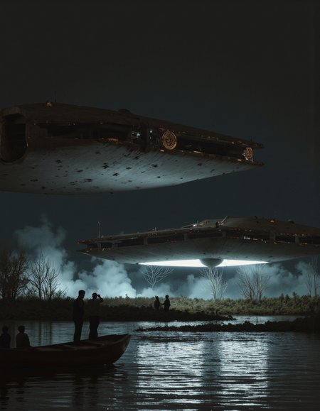 By Paul Chadeisson. A photo-realistic shoot from below about a futuristic spaceship flying over a calm body of water at night, with a small wooden boat in the foreground. the image also shows a large, sleek, metallic spaceship with a futuristic design, floating in the middle of the frame. the spaceship has a circular emblem on the side and a sleek, angular shape. it is illuminated by a soft, blue light that casts a gentle glow on the water below. on the left side of the image, a few people are standing in a small, wooden boat, looking up at the spaceship. the water is calm and still, reflecting the light from the spaceship and the surrounding environment. the sky is dark and overcast, with no clouds in sight.