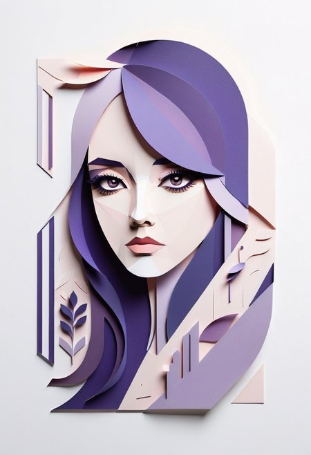 Geometric shape,  long hair, portrait, flower, pastel purple color palette, Korean, single eyelid, sophisticated, paper-cut