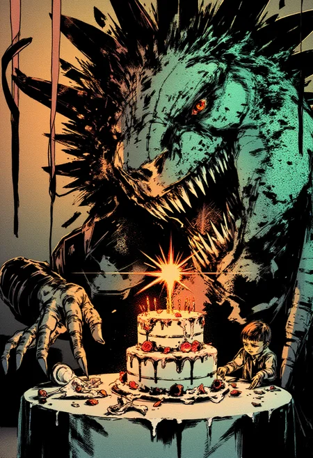 <lora:Yoji_Shinkawa_Style_FLUX-000012:0.9>
This is a digital illustration in a manga-inspired, dark, and gritty yshinkawa style. The artwork features   dinosaur birthday party