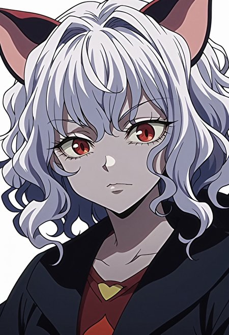 score_9, score_8_up, score_7_up, source_anime, anime screencap,  
neferpitou, short hair, red eyes, animal ears, white hair, cat ears, cat tail, curly hair,white background,Upper body