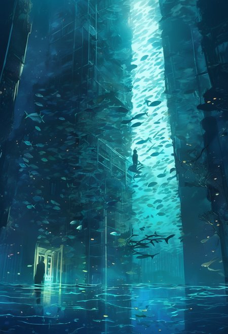 concept art A diver explores the shadowy recesses of an underwater skyscraper, its broken windows serving as home to schools of ghostly fish. The eerie play of light filtering through the water adds a sense of surreal foreboding. . digital artwork, illustrative, painterly, matte painting, highly detailed