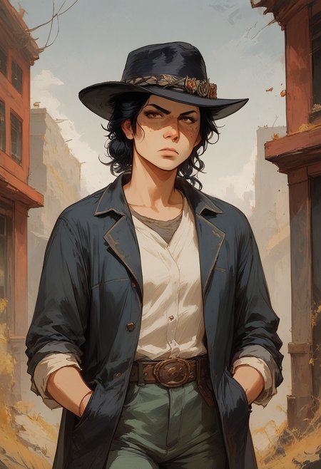 score_9, score_8_up, score_7_up, score_6_up, score_5_up, score_4_up, 4k, 1girl, solo, Red Dead Redemption style, 1800's western painting style, sketch, paperback novel cover art style, american old west, action shot
Hanna running and shooting a schofield revolver with her coat flying and hair flying behind her.
BREAK
Hanna is a tan 30 year old female bounty hunter with long black hair, serious eyebrows and brown eyes with dark circles under them, snarling expression.  Wearing a black hat and wearing a (((faded dusty maroon gun fighter long coat))) over a black button up shirt, short, round head, gunfighter, tough woman, medium bust, ph4nt0m01l