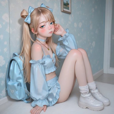 high detailed, high quality, masterpiece, best quality, very awa, absurdres, detailed eyes, detailed face, detailed skin, anime, cinematic light, colorful, portrait BREAK, 1girl, KPB-Illu, solo, cute, pretty, petite, blue eyes, blonde hair, hair over eye, choker, freckles, half closed eyes, blush, looking at viewer, bare shoulders, collarbone, frilled sleeves, necklace, lingerie, hair bow, long legs,  from side, cute clothes, twintails, blonde hair, frills, backpack, looking at viewer,  (marcille_donato:0.7), possmach, artist:henreader, artist:ciloranko, (artist:sho \\(sho lwlw\\):0.75), (tianliang duohe fangdongye:0.7),full body view