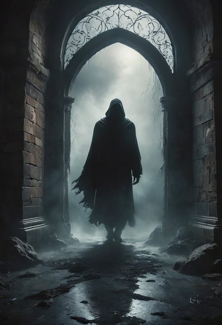 highly detailed and hyper realistic photo, by Alena Aenami , by Archibald Thorburn , by Daniele Afferni , a dementor, levitating ominously. BREAK inside a dimly lit bell tower. vibrant, photo realism, Masterpiece, (8k), (32k), UHD, highest-quality, intricate details, highly detailed, best artist, immaculate micro-details, sharp edges, detailed textures, full body shot, full body cinematic, atmospheric lighting, visually stunning, perfect composition, trending on artstation, in the style of  monochromatic silhouette reflection,  limited dark palette, unusual dark colors, faded colors, atmospheric haze, highly dramatic cinematic lighting, motion blur, film grain,  professional, excellent composition, finest details, maximized details, ultimate detail level, masterpiece, best quality