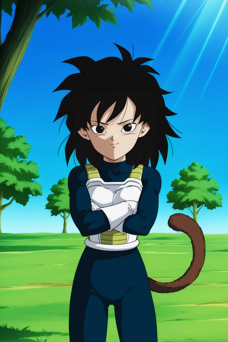 anime screencap, absurdres, high quality, official style, 
gine, official style, vegeta outfit, 1girl, solo, looking at viewer, grass, field, closed mouth, standing, long sleeves, full body, black hair, spiked hair, black eyes, monkey tail, blue bodysuit, saiyan armor, white saiyan armor, cowboy shot, dappled sunlight, smirk, legs apart, crossed arms, serious, frown, shadow, eyelashes, white trim, tree, white gloves, light rays, blue sky, 
 <lora:Gine_IL:0.8>
