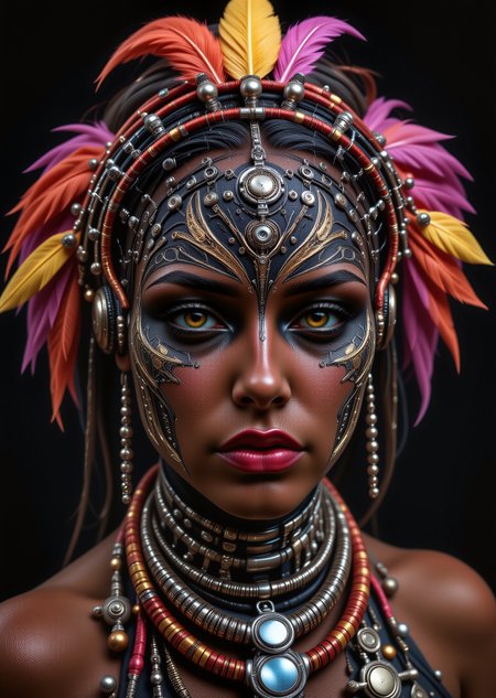 A detailed portrait of a woman with intricate tribal face and body art, augmented with futuristic, mechanical embellishments.  Hyperrealistic,  close-up.  Deep, rich, muted colors like dark browns, golds, deep reds, greys, and blacks.  Woman is of dark complexion, with bright, golden eyes.   Face and body adorned with elaborate, black tribal-style tattoos and patterns merging with futuristic elements.  Geometric decorations and mechanical pieces, like gears, small metal plates, and futuristic beads, are incorporated into the face and hair adornments. Multi-colored beaded necklaces and adornments are wrapped around her neck and cascade down her body. Large,  stylized, feathers decorate her head, creating an intricate, almost sculptural effect.  Dark background, deep contrast between the vibrant colors of the ornaments and the skin tones.  Focus on facial expressions and the intricate details of the tattoos and embellishments.  The artist's style blends tribal African aesthetics with futuristic cyber-punk elements., <lora:moxiePunk_v20.safetensors:0.65:0.65> <lora:Derelict_Faces_FLUX.safetensors:1.2:1.2> <lora:What_I_Like_FLUX.safetensors:0.9:0.9> <lora:Sinfully_Stylish_.02_for_FLUX-000002.safetensors:0.65:0.65>