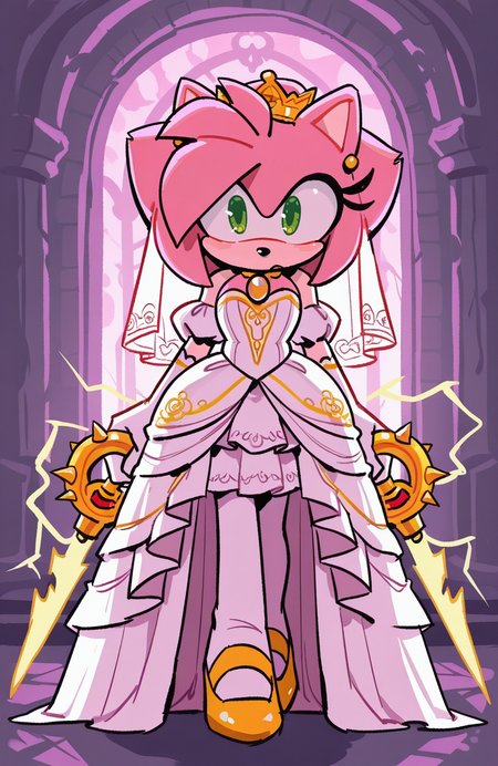 1girl, solo, <lora:knuxze:1> knuxze,
<lora:CandyCatAmy-IL:0.6> amy rose, pink fur, green eyes, princess bride outfit, lace trim, long gloves, layered skirt, pantyhose, jeweled crown, (long shot), forging weapons, detailed face, located in a ruined world at a desolate bridge during midday with radioactive weather, illuminated by lightning flashes, creating a harsh,foreboding atmosphere, extremely detailed, highres, masterpiece, best quality