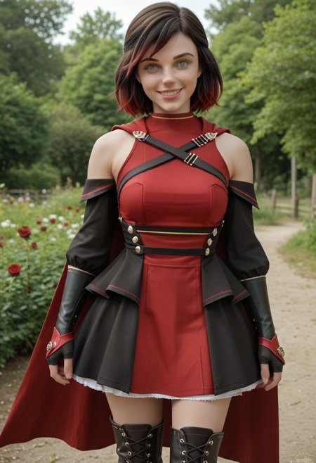 score_9, score_8_up, score_7_up,, high res ima , source_photo, source_real, (realistic:1.4),
,
1girl, cowboy shot, solo, outdoors, smile, looking at viewer, <lora:Summer_Rose_-_IL:0.8> SummerRose_RWBY,  short hair, black hair,gradient hair, grey eyes, fingerless gloves, detached sleeves, bare shoulders,  red dress,pantyhose, red cape, boots, masterpiece, best quality, good quality, newest