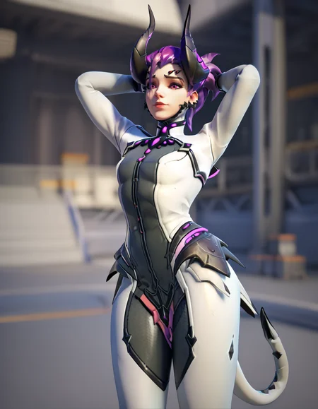 score_9, score_8_up, score_7_up, Masterpiece, high-res, 2k, best quality, 3d, 1girl, mercy (overwatch), imp mercy , purple hair , white bodysuit, tail  <lora:Devil_imp_mercy_pony-000040:1> Standing with arms raised to the sides palms up