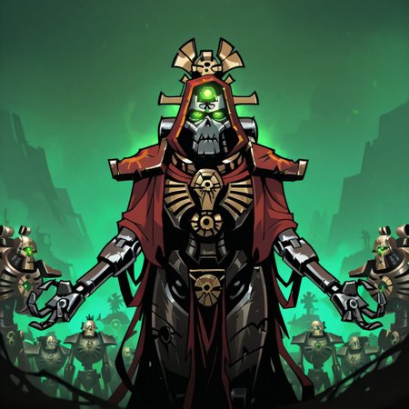 masterpiece, best quality, <break> , solo, 1other, (((necron))), (((glowing))), (((robot))), (((green eyes))), ((warhammer 40000))), 
 looking at viewer, standing, 
(((vanripper))), 
<lora:VanripperIllustriousXL_byKonan:1>