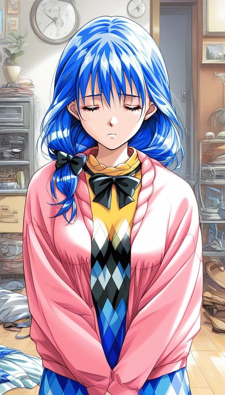 score_9, score_8_up, score_7_up, source_anime, rating_explicit, BREAK  <lora:Yasuda_Azumi_XL:1> Yasuda_Azumi, blue hair, long hair,  bangs, closed eyes, medium breasts, 
headwear removed, pink jacket,  sad, v arms,
Yellow sweater, long sleeves, shirt, argyle, black bow, 
home in the room, flooring, 
looking at viewer,