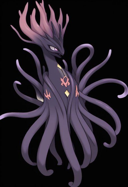 <lora:pokemon_pony_xl:1.0> fake pokemon, ken sugimori art style, resembles a mystical, deep purple entity with tentacle-like appendages, glowing pink eyes, and ethereal, translucent qualities. It is surrounded by bubbles and sparkles, and there's a whimsical skull floating among the tentacles., transparent background, digital art, big, strong, grown ulscore_9, score_8_up, (Masterpiece:1.3) (best quality:1.2) (high quality:1.1)